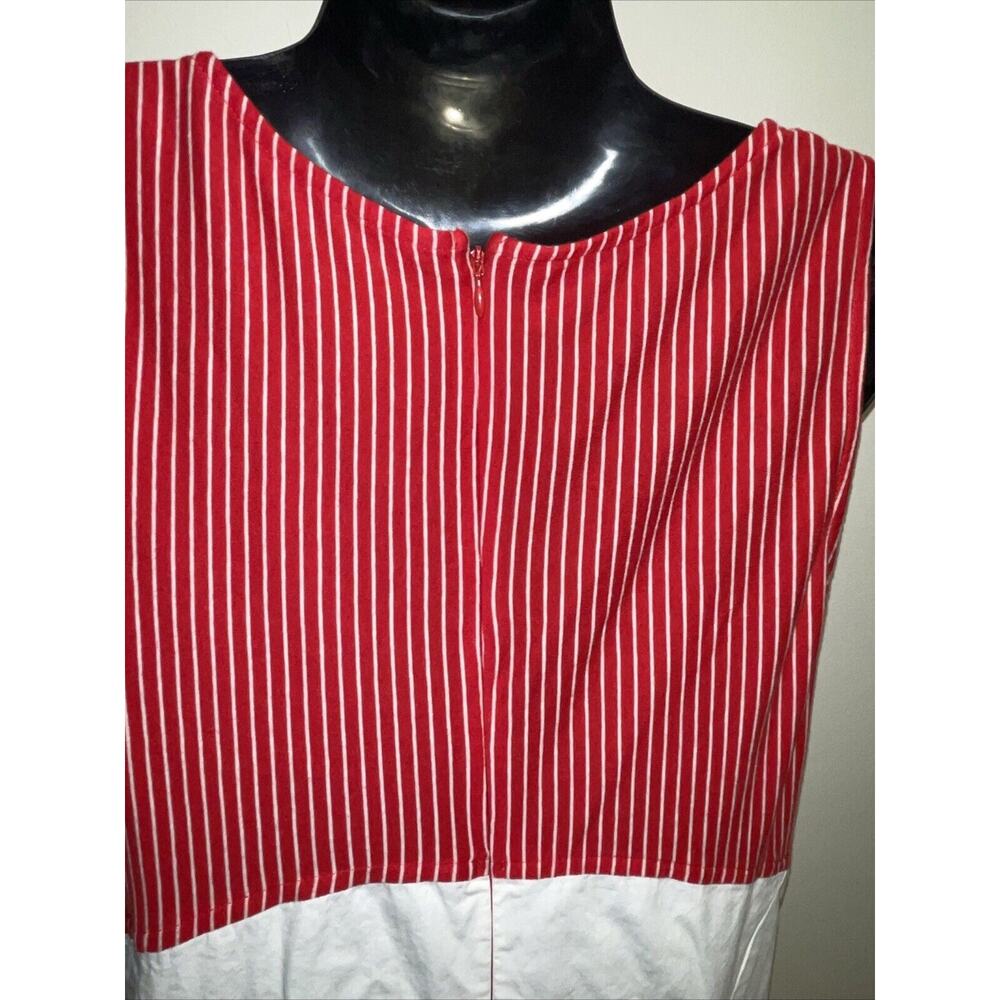 Eshakti Size L 14 Red White Stripe Bird Dress Full Flare Skirt Sleeveless Pocket - Picture 9 of 15